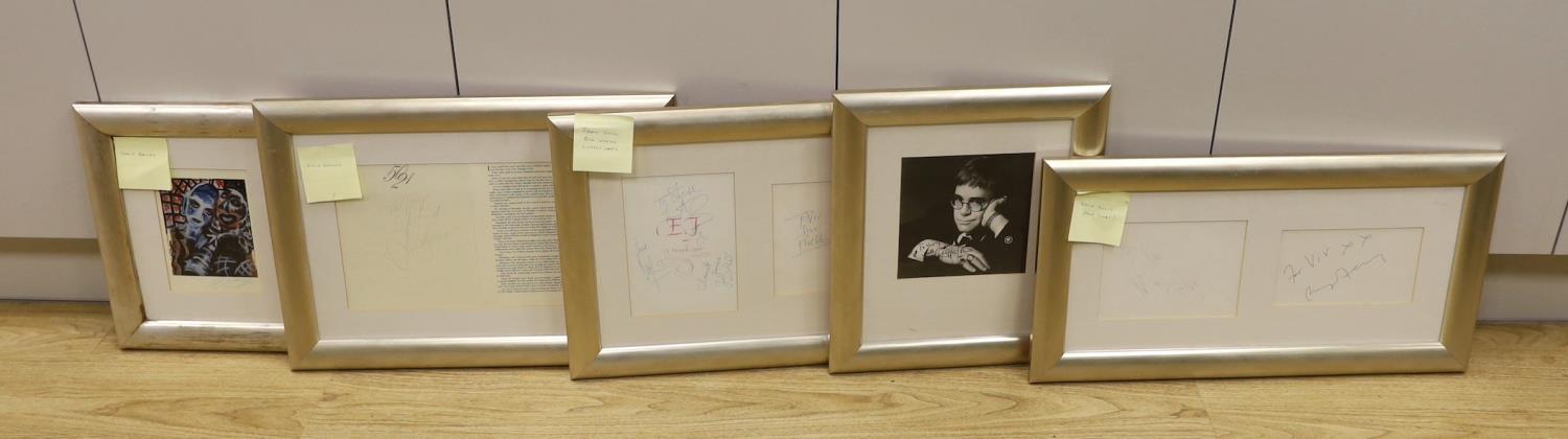 A collection of mostly framed autographs to include an event card from Elton John, 25 March 1994