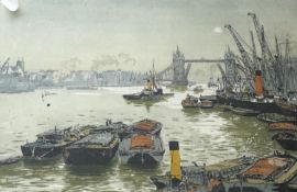 Hans Figura (Austrian (1898 - 1978), etching on silk, View of Tower Bridge, signed in pencil, 21 x