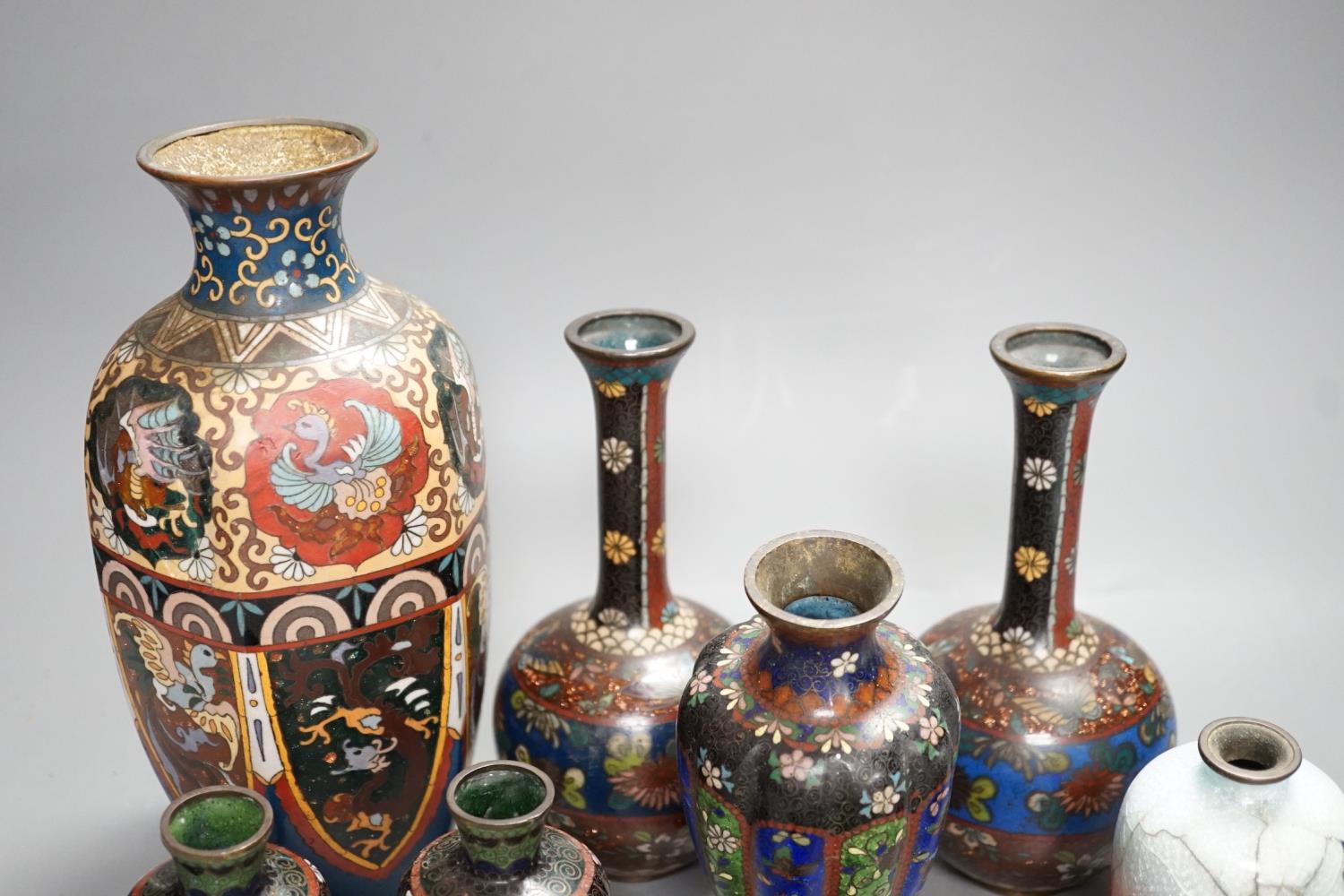 A group of Japanese cloisonné enamel vases and a teapot, Meji, 24cm high - Image 4 of 6