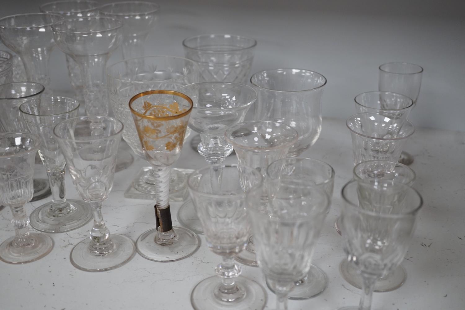 A quantity of assorted 18th / 19th century and later clear drinking glasses including a damaged - Image 6 of 8