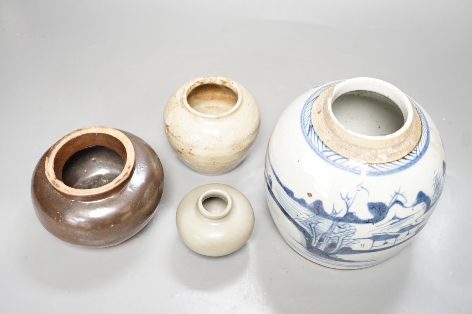 A Chinese celadon jarlet, Yuan-Ming Dynasty, two provincial stoneware jars and a 19th century - Image 4 of 9