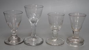 Four 18th and 19th century assorted toasting glasses, tallest 12cms high