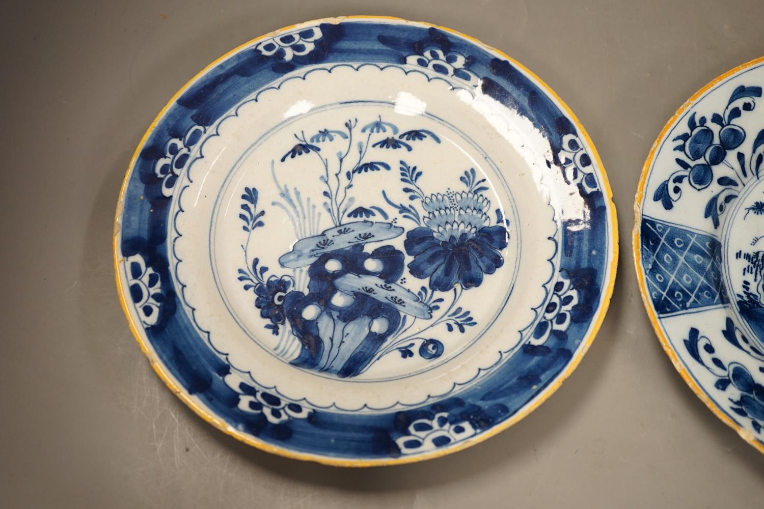 Two 18th century Dutch Delft blue and white plates, largest 23cms diameter - Image 2 of 6