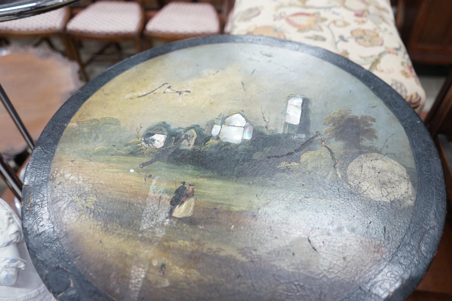 An early 20th century parquetry inlaid square occasional table and a Victorian and later painted - Image 3 of 7