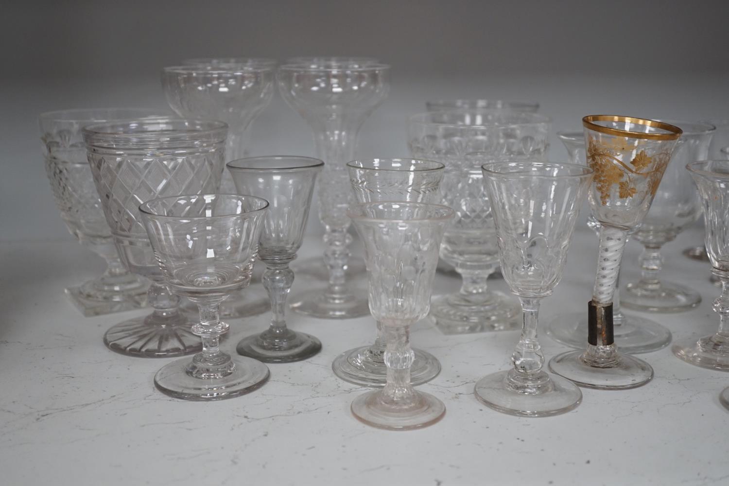 A quantity of assorted 18th / 19th century and later clear drinking glasses including a damaged - Image 7 of 8