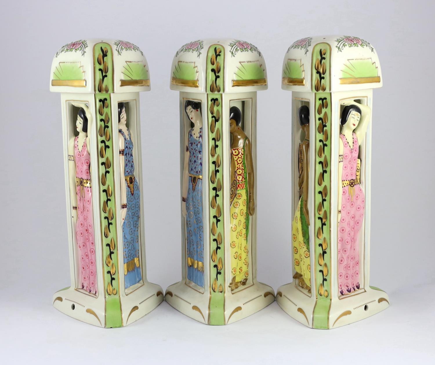 Three Limoges for Maison Duchaussy Art Deco ceramic 'Three Continents' perfume burners, 42cms high - Image 2 of 5