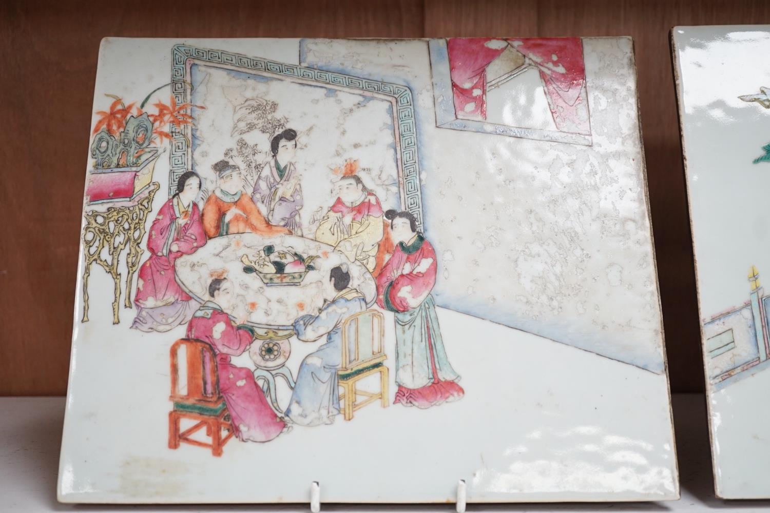 A pair of Chinese Republic period porcelain famille rose plaques, 29cms wide x 25cms high - Image 2 of 9