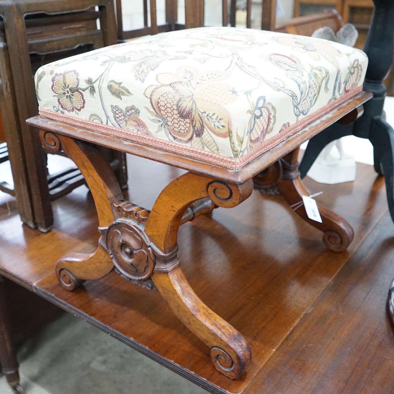 A Victorian rosewood X framed dressing stool, width 53cm, depth 44cm, height 46cm - Image 3 of 5