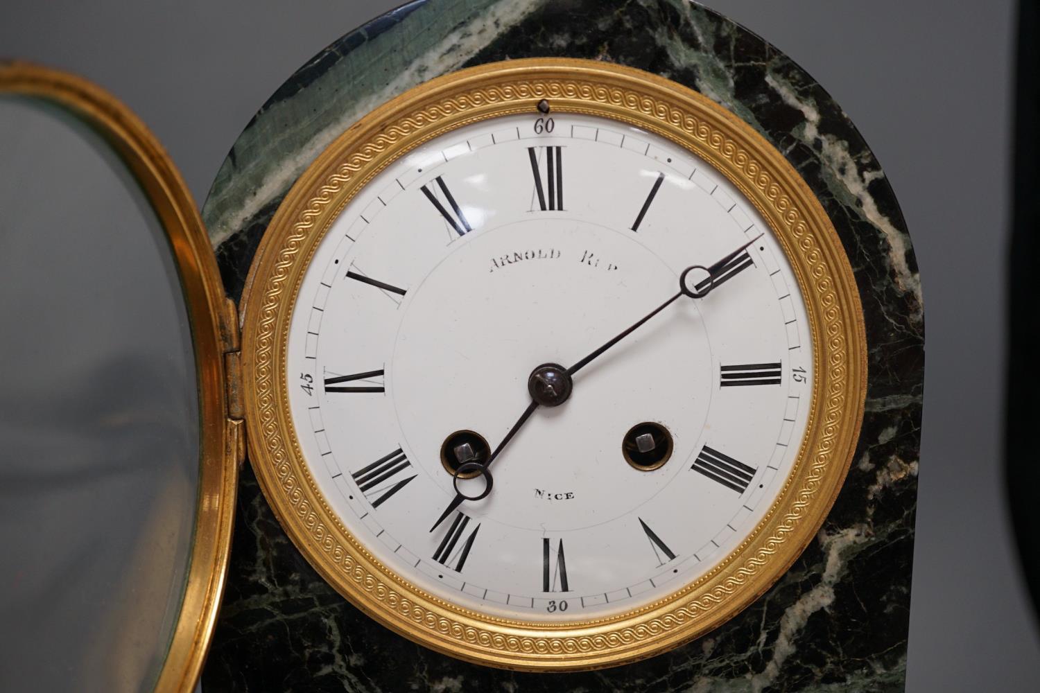 A 19th century French bronze mounted dome topped, green marble mantel clock, the enamel dial - Image 3 of 7