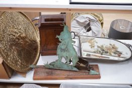 A child’s chair, cabinet, a brass tray and sculptural weather vane