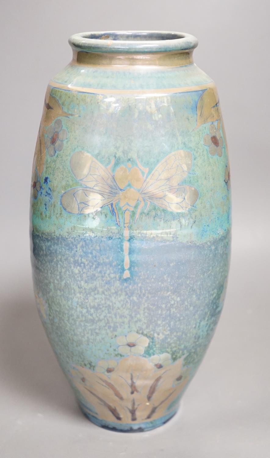 A JCJ (Jonathan Chiswell Jones) lustre pottery vase, decorated with dragonflies Height 29cm