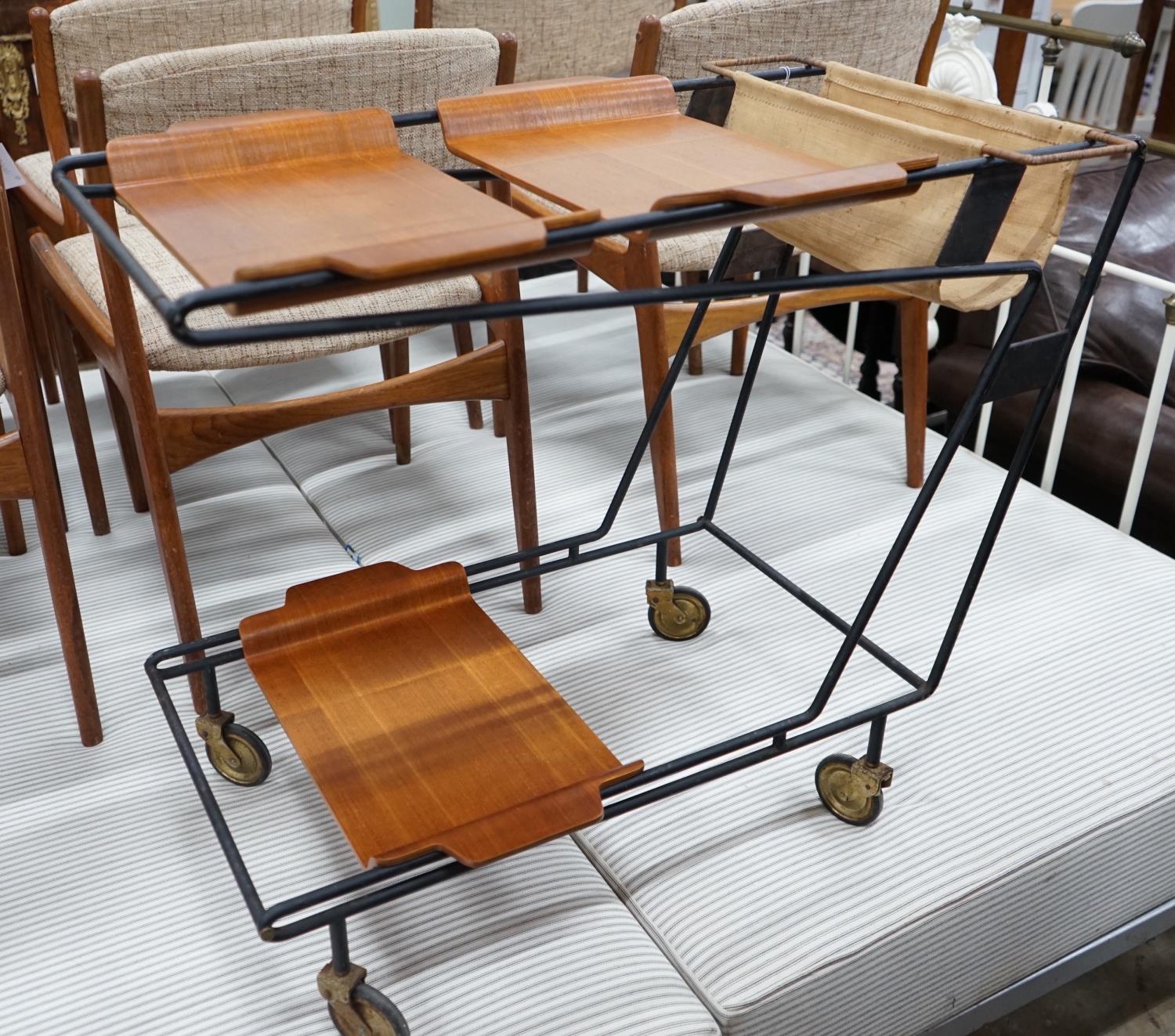 A 1950's Italian teak and wrought iron drinks trolley, length 85cm, depth 42cm, height 68cm