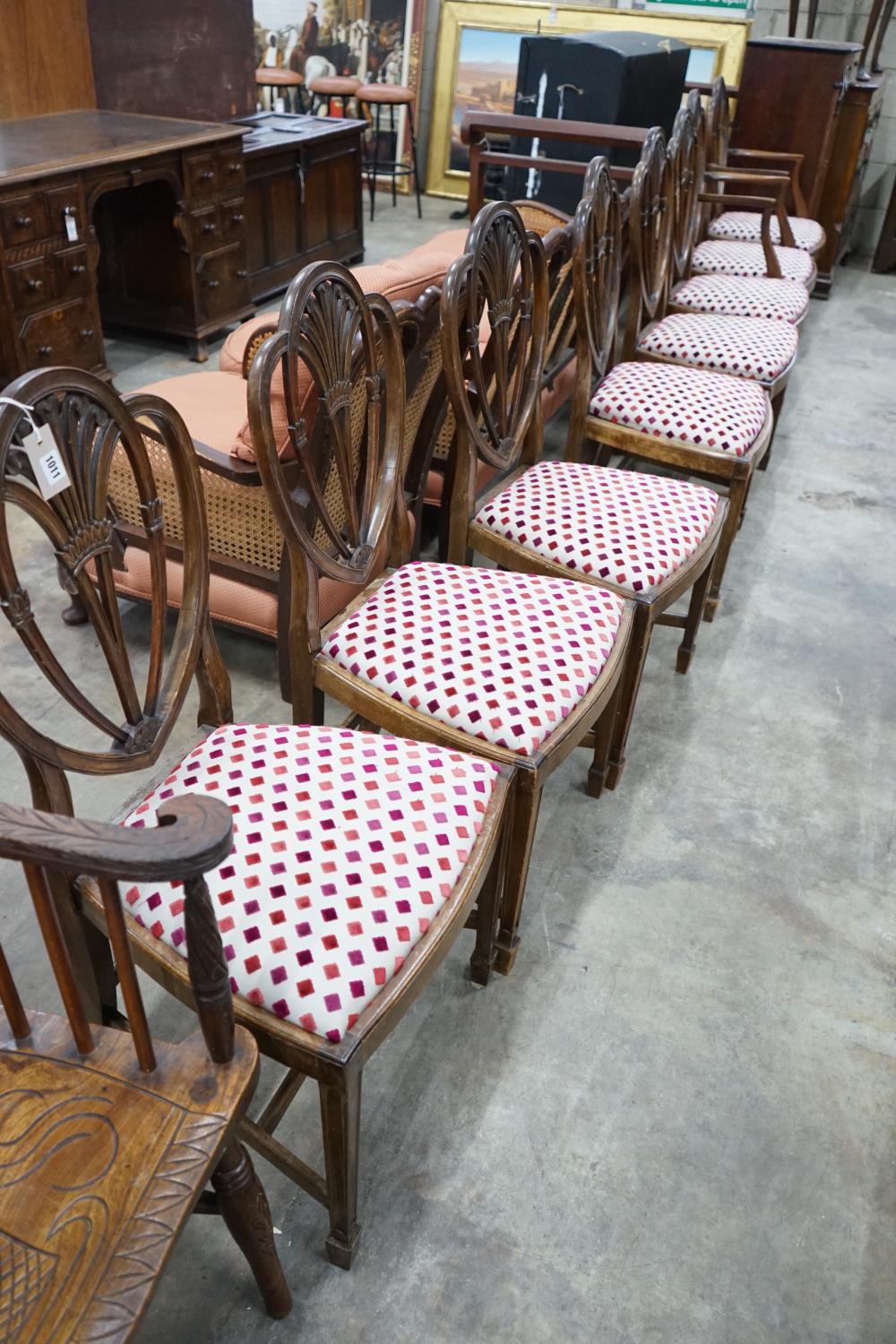 A set of eight Hepplewhite style mahogany dining chairs, two with arms - Image 4 of 7