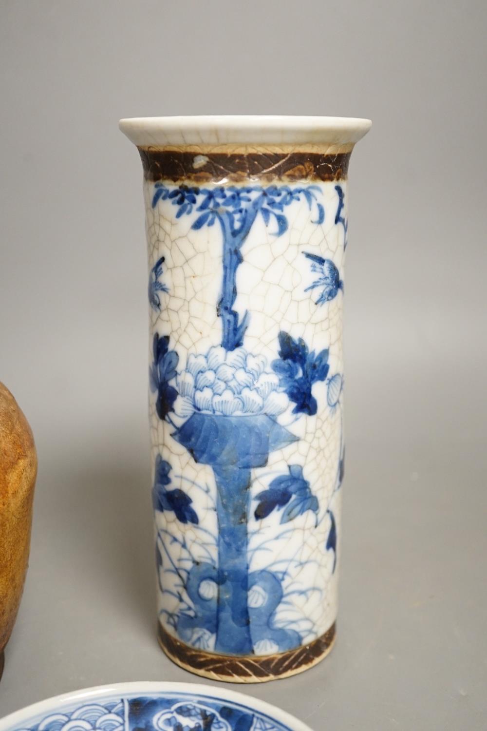 A Chinese crackle glaze blue and white sleeve vase, 20cm high, similar dish and pottery vessel - Image 3 of 8