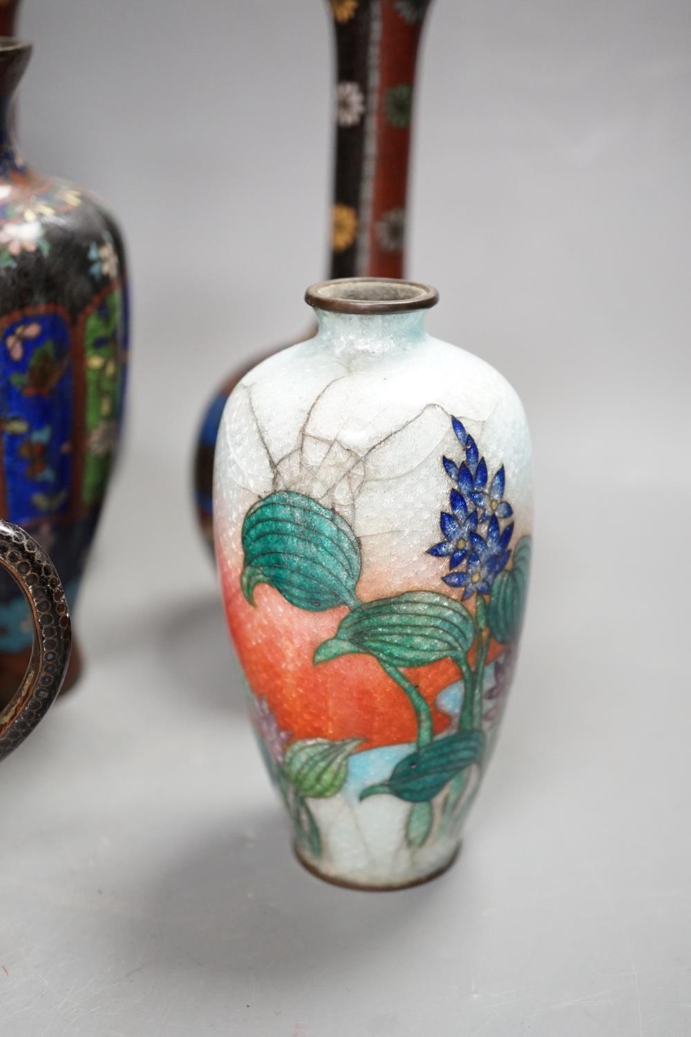 A group of Japanese cloisonné enamel vases and a teapot, Meji, 24cm high - Image 5 of 6