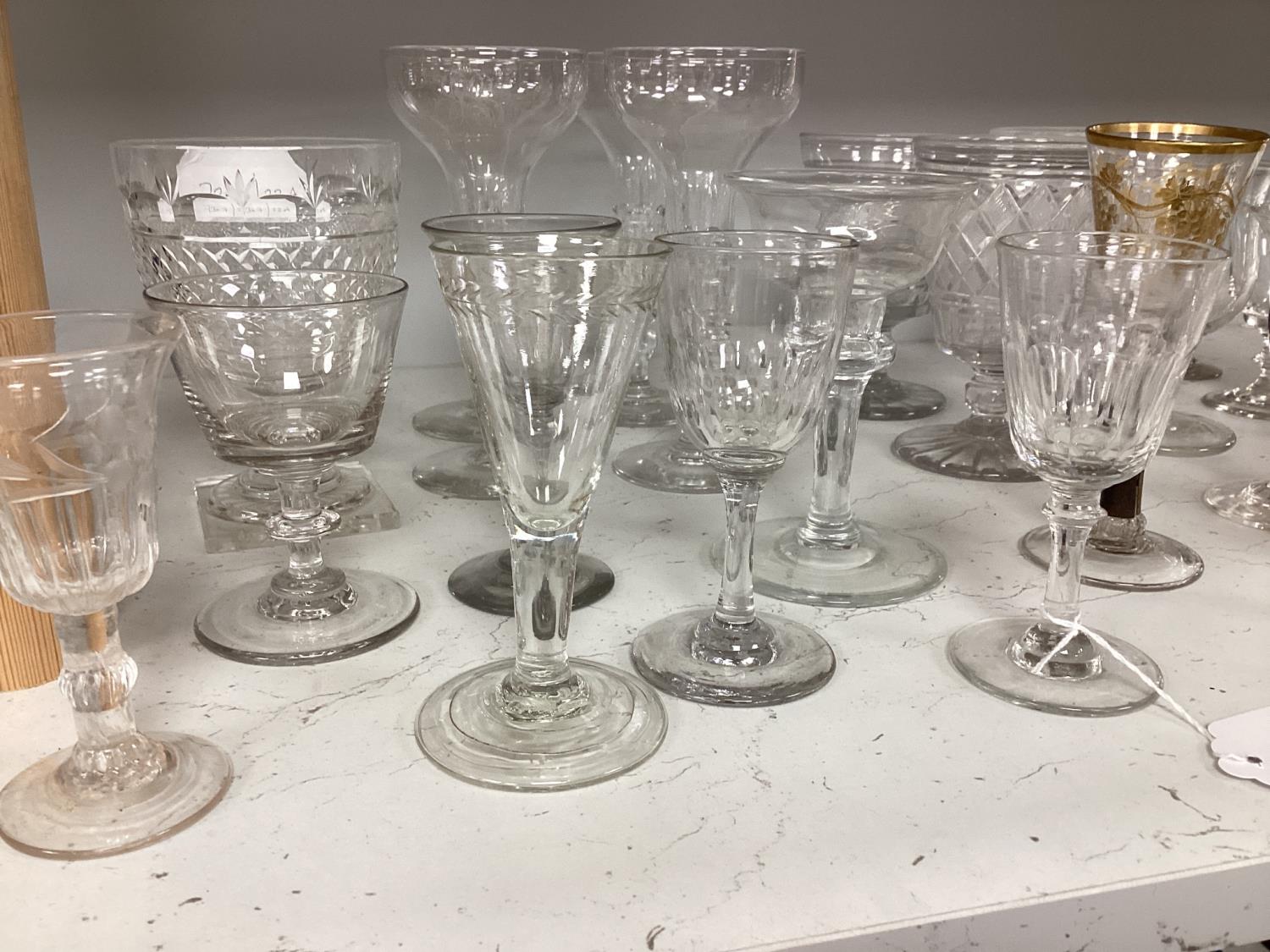 A quantity of assorted 18th / 19th century and later clear drinking glasses including a damaged - Image 2 of 8