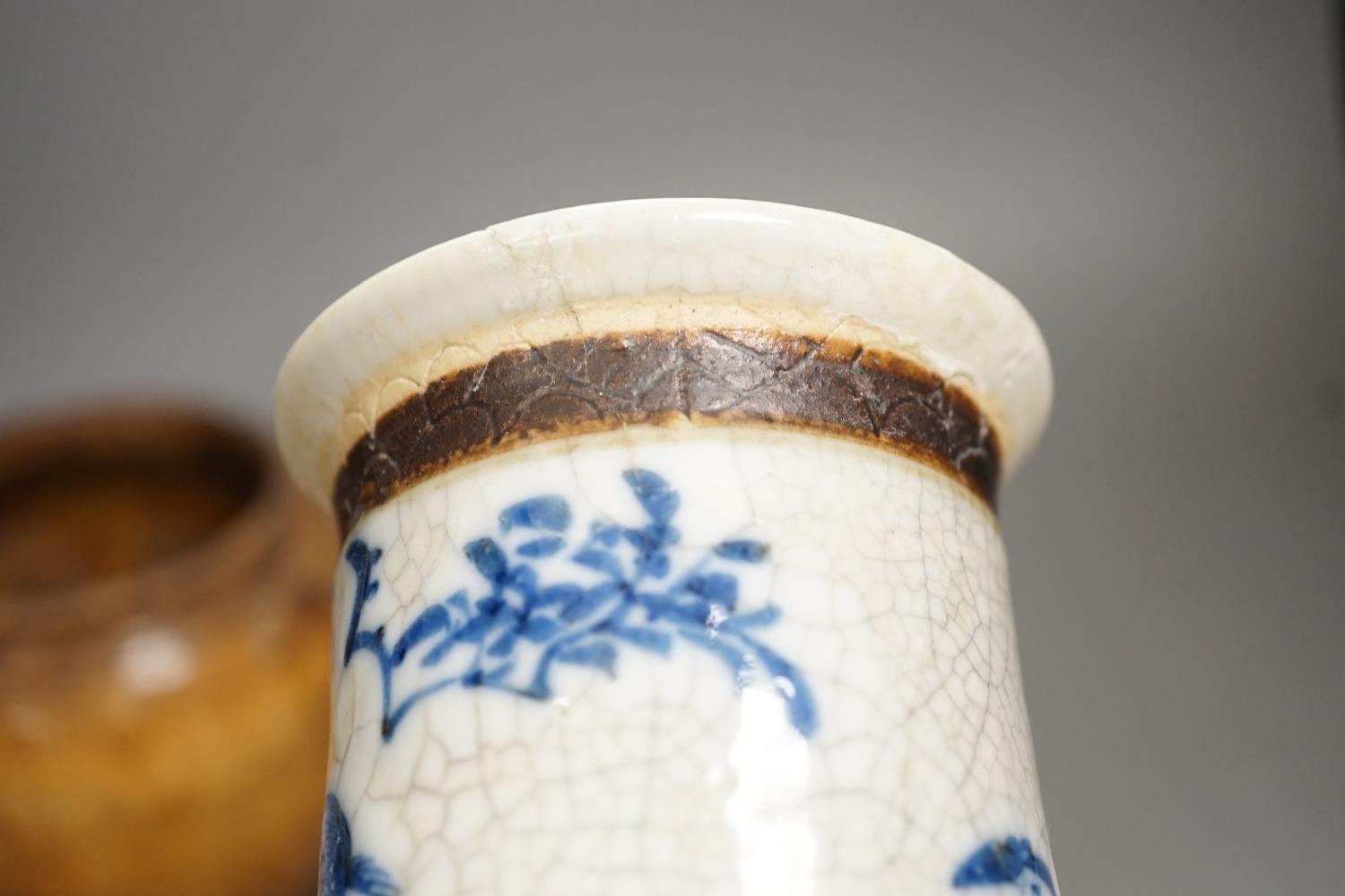 A Chinese crackle glaze blue and white sleeve vase, 20cm high, similar dish and pottery vessel - Image 6 of 8