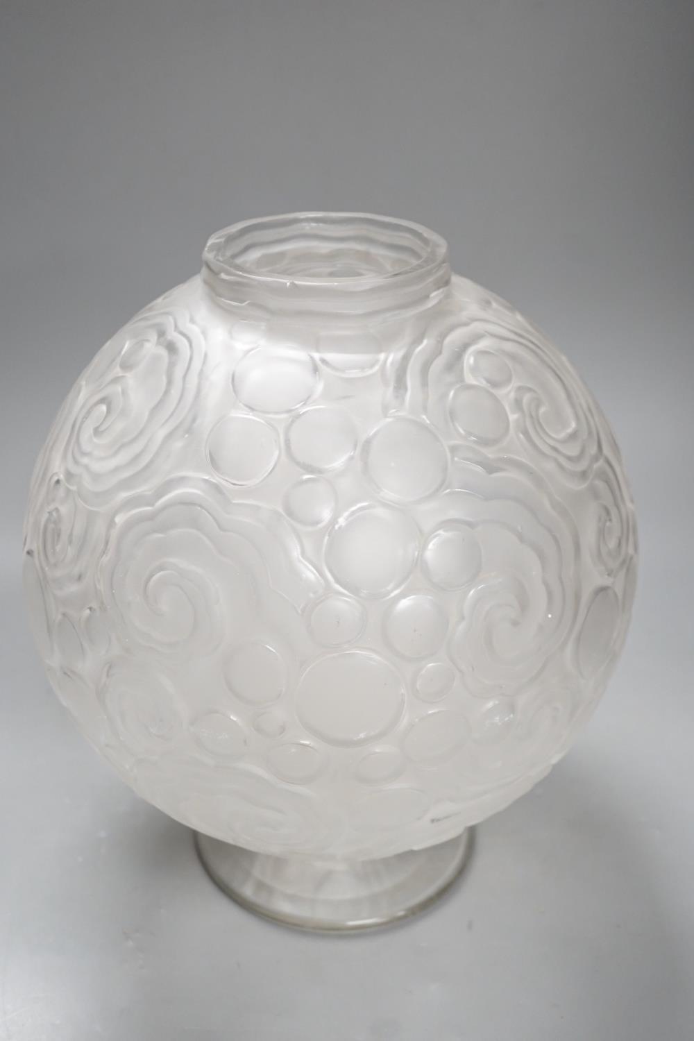 A Sabino etched glass globular vase / table lamp, signed Sabino, France, stem glued, cracked, Height - Image 4 of 4