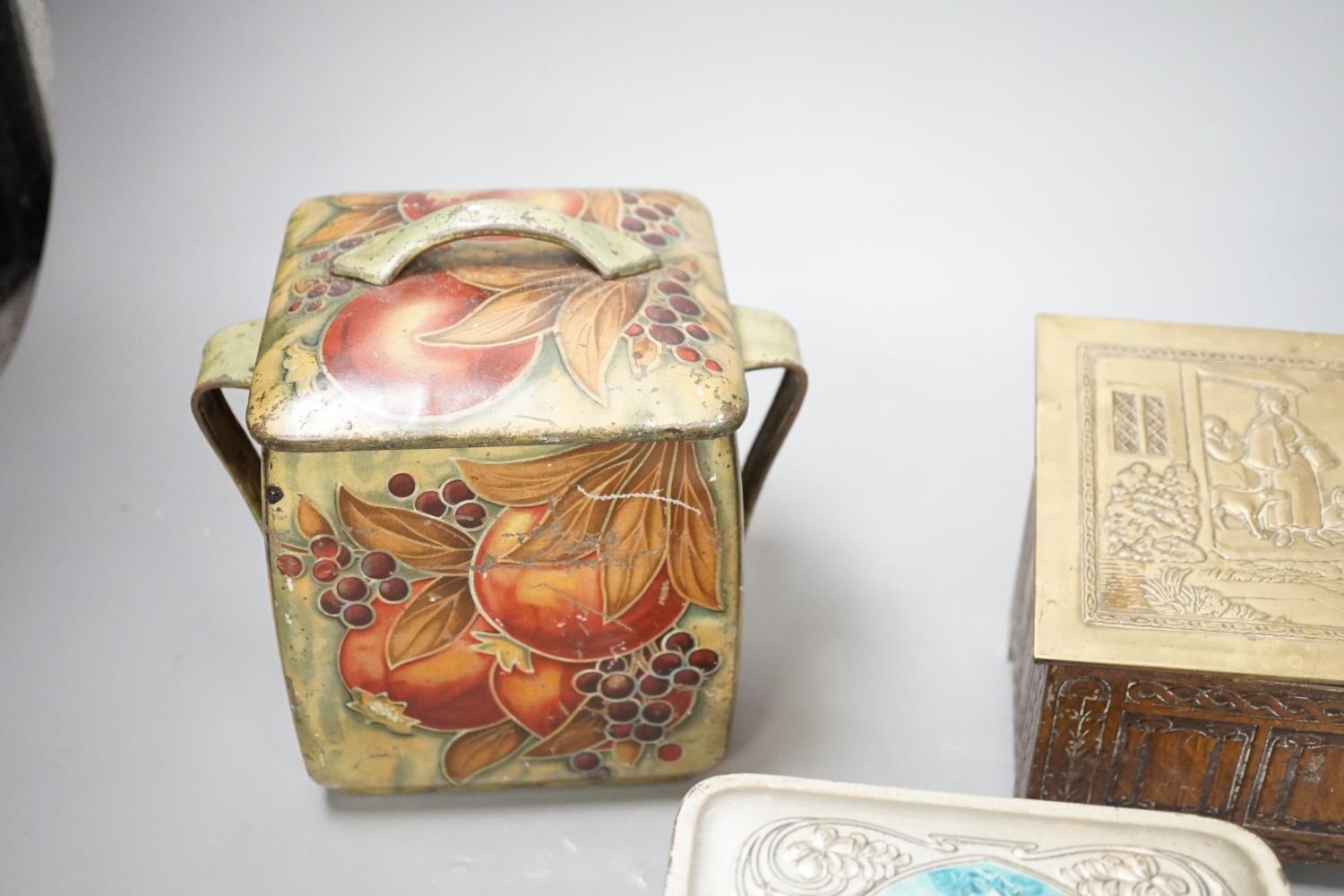 A Jacobs embossed coffer shaped biscuit tin, 16cm wide, a Pomegranate design tin after Moorcroft and - Image 4 of 7