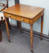 A George IV mahogany writing table with frieze drawer on turned legs, width 61cm, depth 45cm, height