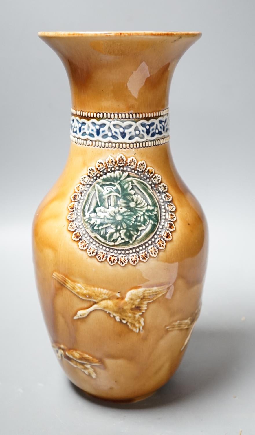 A Doulton Lambeth Aesthetic period stoneware vase, c.1885, decorated with Japanese cartouches and