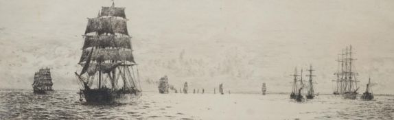 William Lionel Wylie (1851-1931), drypoint etching, Ships in convoy, signed in pencil outside the