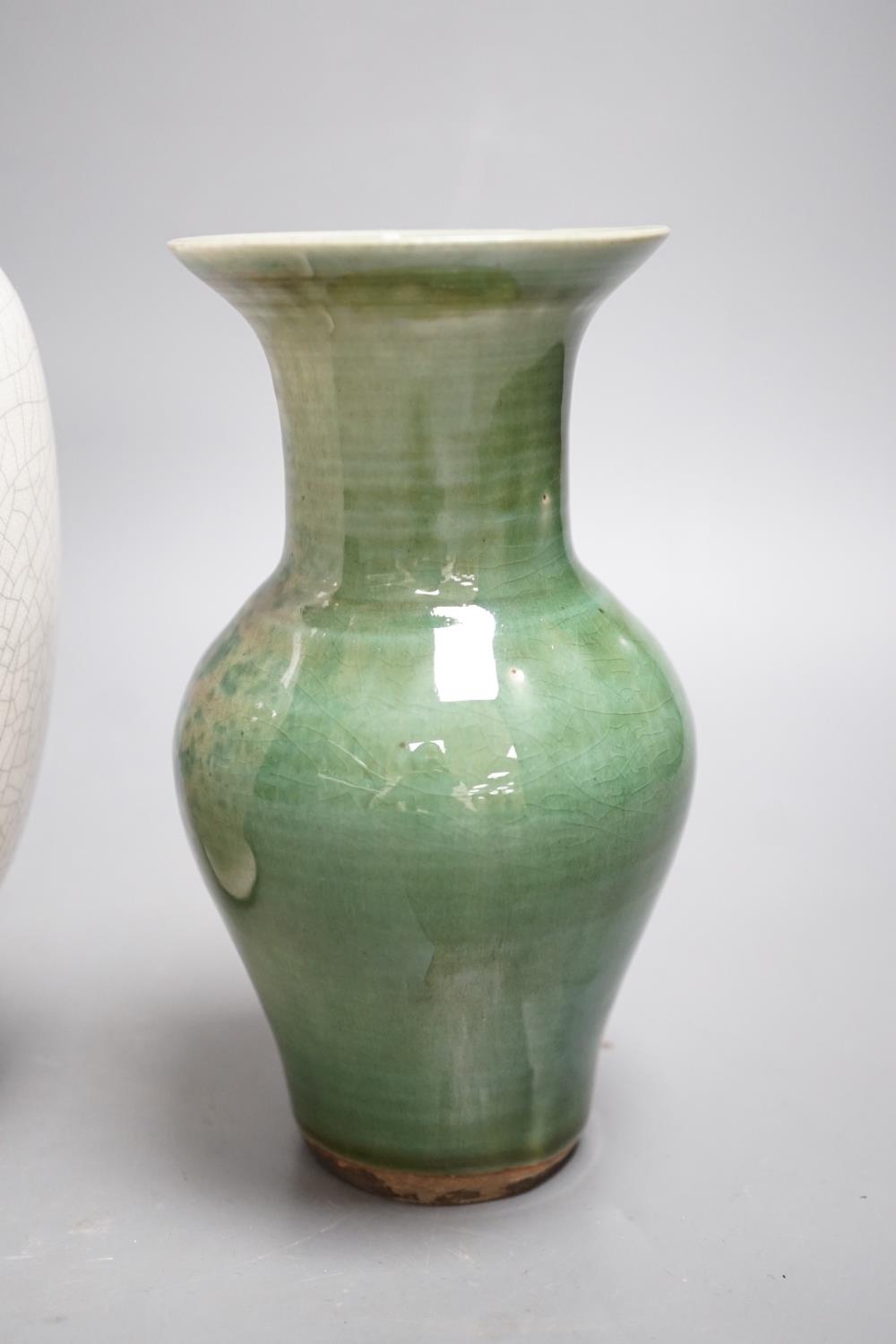 A Chinese white crackleware vase and a smaller green glazed vase, - Image 2 of 7