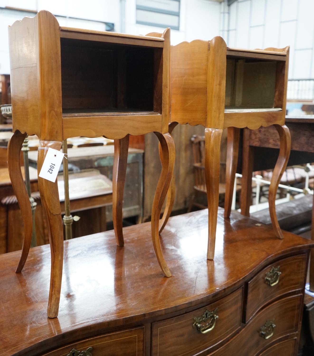 A pair of French style cherry bedside cabinets, width 37cm, depth 28cm, height 69cm