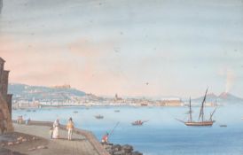 19th century Neapolitan School, pair of gouaches, Views of Naples Harbour and Classical ruins, 28