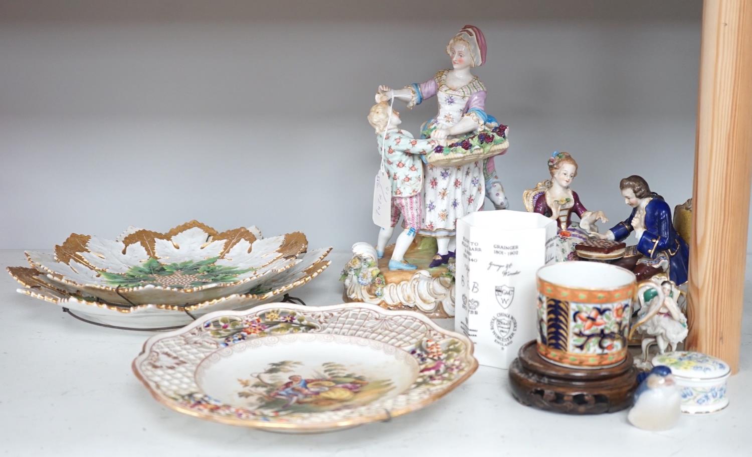 Two Meissen leaf dishes, a Dresden plate, two group figures and mixed ceramics, tallest 25cms high - Image 12 of 22
