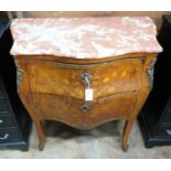 A Louis XVI style marquetry inlaid gilt metal mounted marble top bombe commode, width 83cm, depth