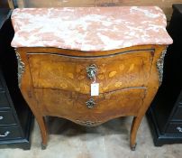 A Louis XVI style marquetry inlaid gilt metal mounted marble top bombe commode, width 83cm, depth