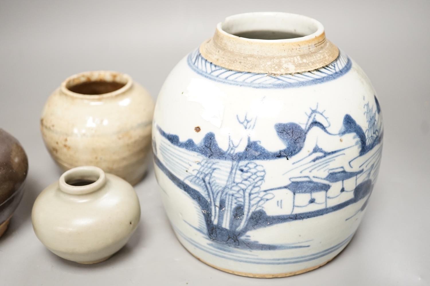 A Chinese celadon jarlet, Yuan-Ming Dynasty, two provincial stoneware jars and a 19th century - Image 3 of 9