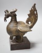 A 19th century Indian engraved bronze bird on plinth, 14.5cm wide