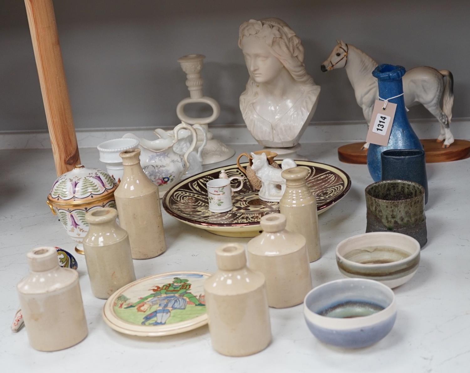Mixed ceramics to include Copeland Parian Ophelia (a.f.) studio pottery, storage bottles, also to