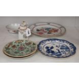 A Chinese famille rose plate, pair of celadon dishes, tea canister, etc. (6), largest plate 28.