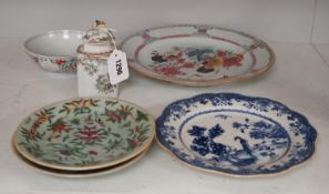 A Chinese famille rose plate, pair of celadon dishes, tea canister, etc. (6), largest plate 28.