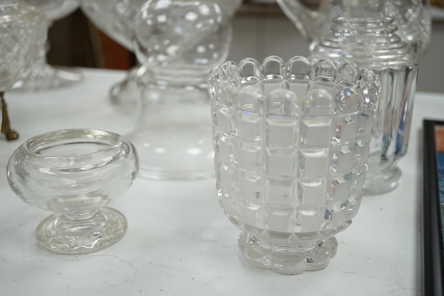 An early 20th century oval cut glass bowl on gilt metal stand, a pair of slice cut decanters and - Image 3 of 6