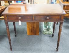 A Regency mahogany two drawer side table with moulded edge on turned legs, width 95cm, depth 51cm,
