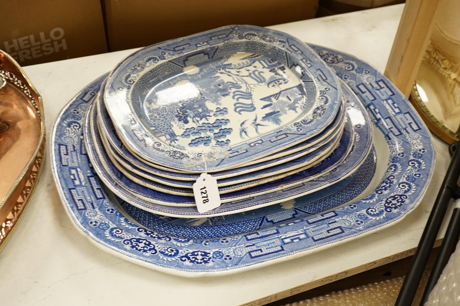 A 19th century transfer-printed large blue and white platter and seven similar smaller platters (8), - Image 2 of 2