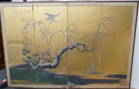 A Japanese four fold screen painted with a Crane above a Prunus tree now fixed as a wall panel,