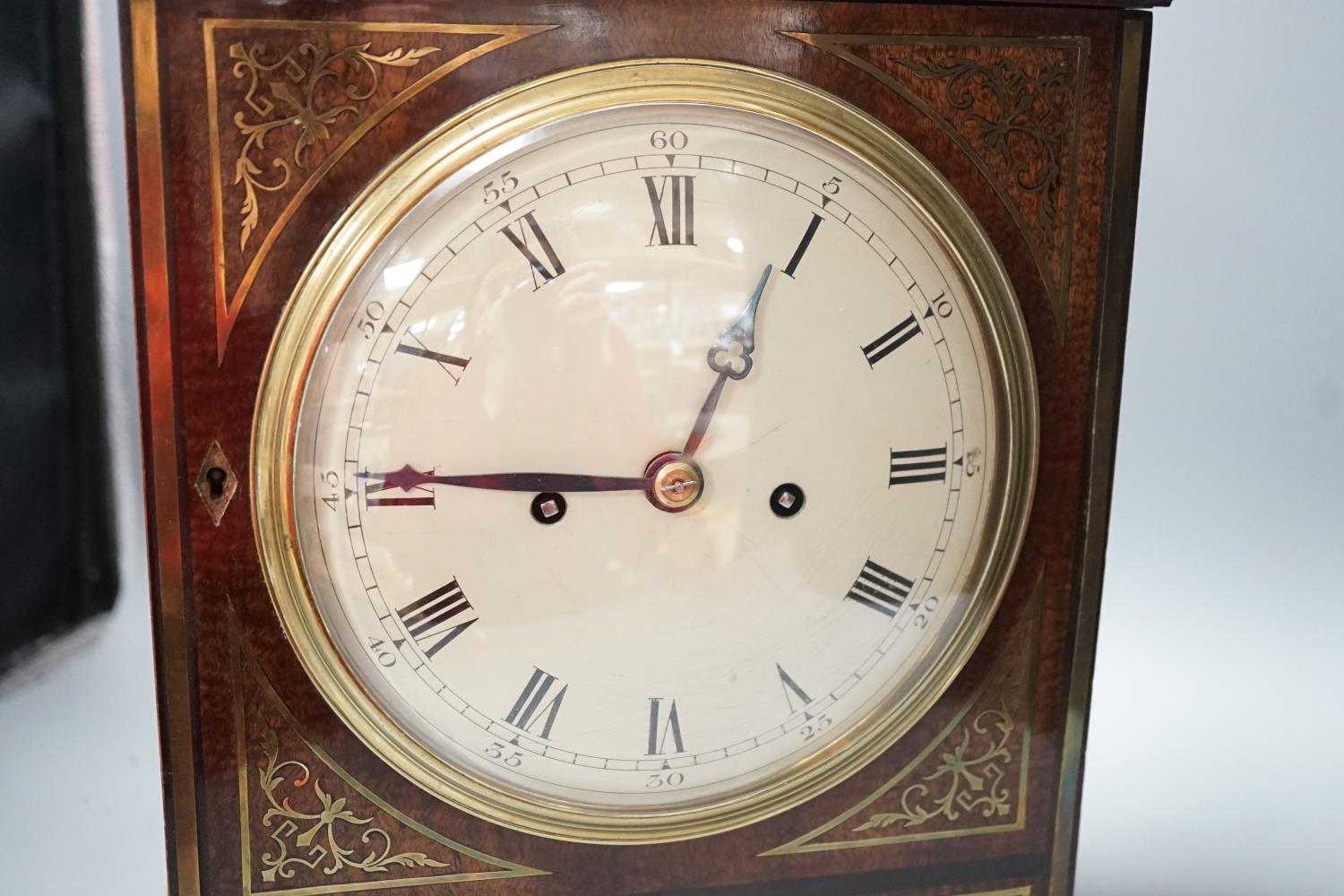 A Regency brass inlaid mahogany bracket clock, with pineapple finial, bears interior paper label - Image 3 of 7