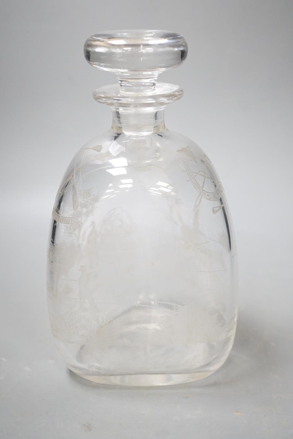 Hunting interest - A Victorian wheel engraved triangular glass decanter, and stopper. 22cm tall - Image 3 of 4