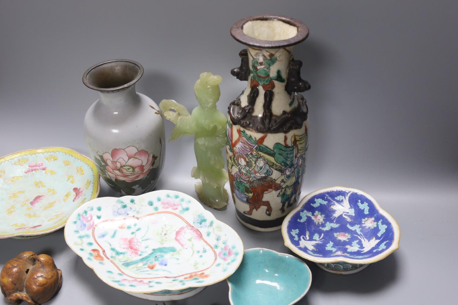 A group of 19th century Chinese porcelain dishes and a vase, and a Japanese ‘bird’ carving etc. - Image 3 of 17