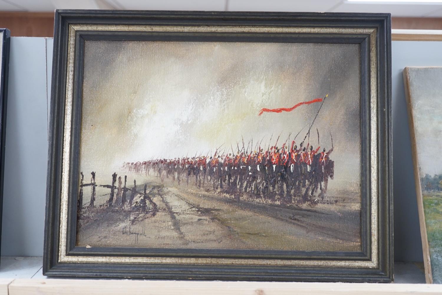 John Bampfield (b.1947), oil on canvas, Cavalry on horseback, signed, 29 x 39cm - Image 2 of 3