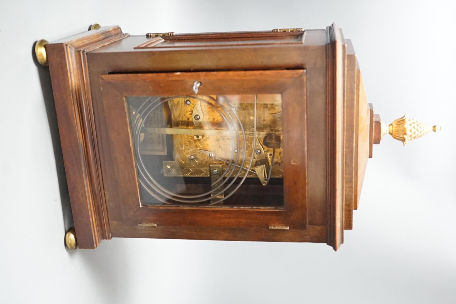 A Regency brass inlaid mahogany bracket clock, with pineapple finial, bears interior paper label - Image 5 of 7