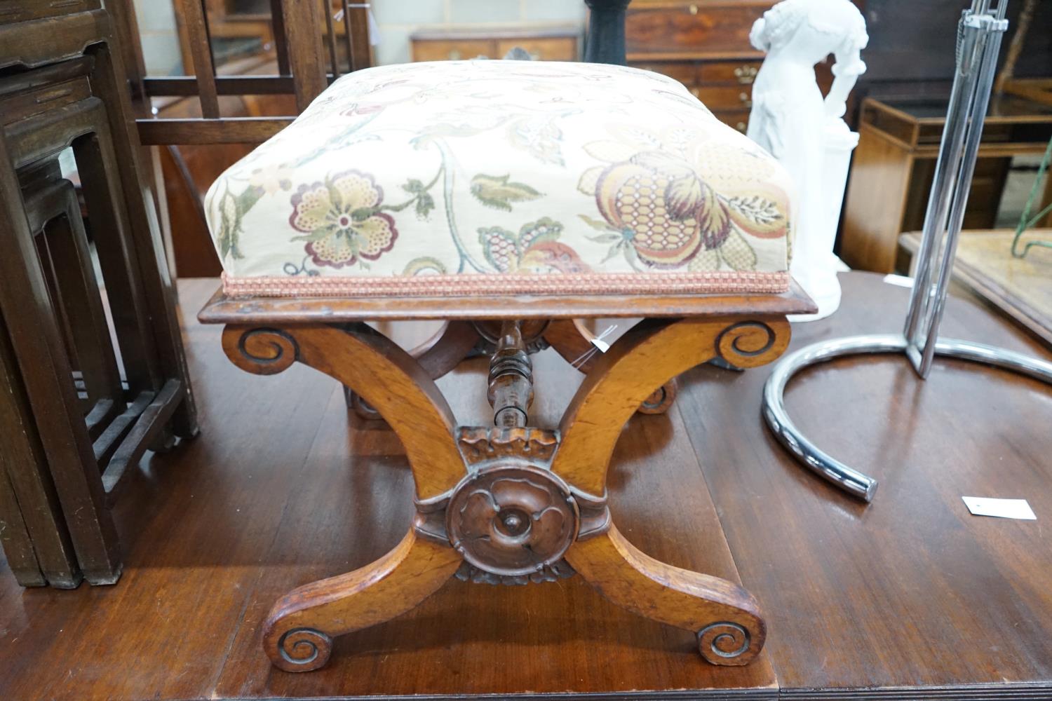 A Victorian rosewood X framed dressing stool, width 53cm, depth 44cm, height 46cm - Image 5 of 5