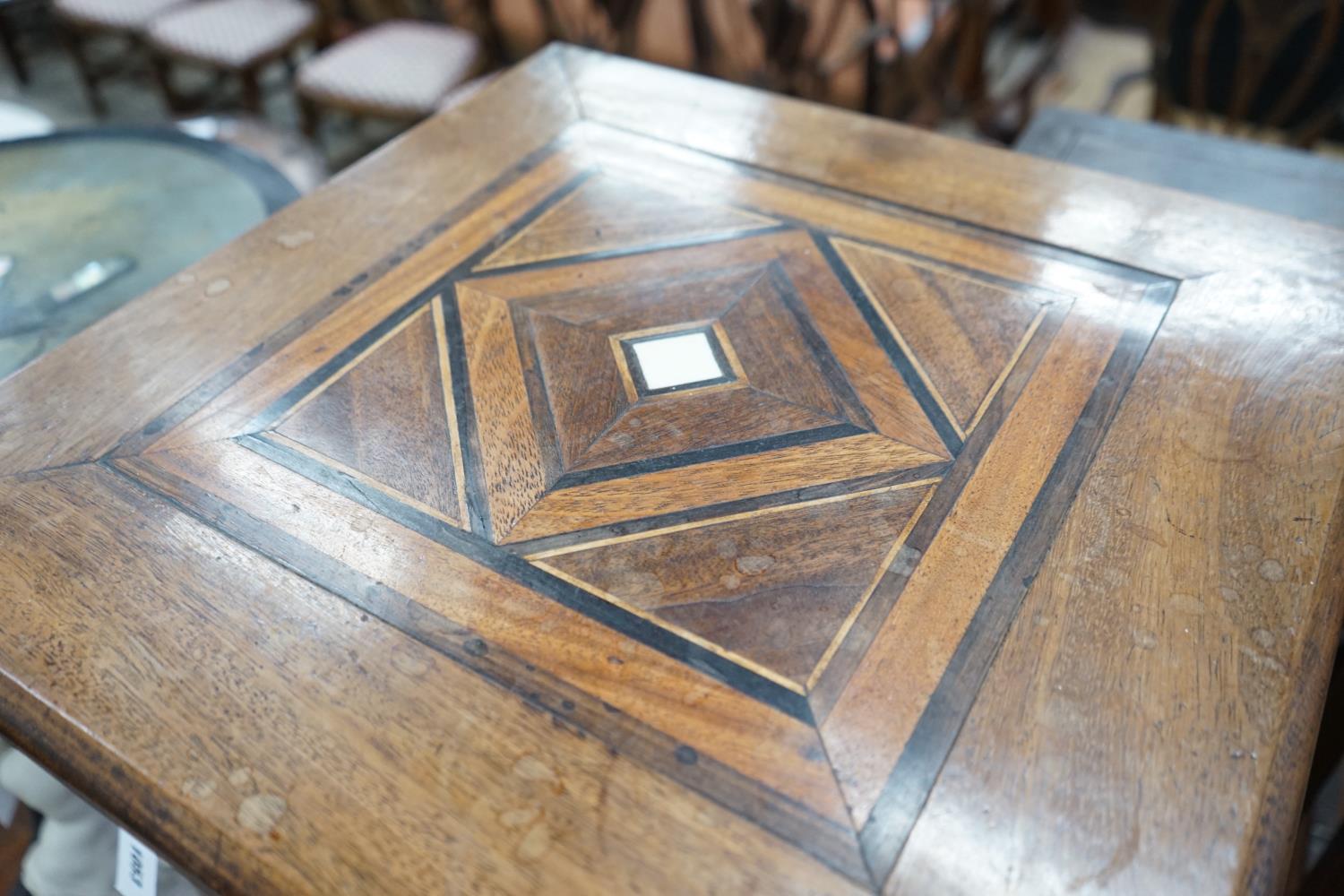 An early 20th century parquetry inlaid square occasional table and a Victorian and later painted - Image 2 of 7