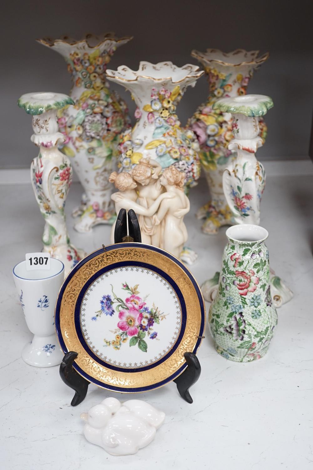 A set of three Victorian Coalbrookdale type vases, a Continental Three Graces group and sundry