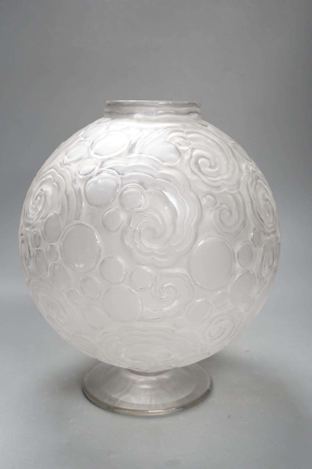 A Sabino etched glass globular vase / table lamp, signed Sabino, France, stem glued, cracked, Height - Image 3 of 4